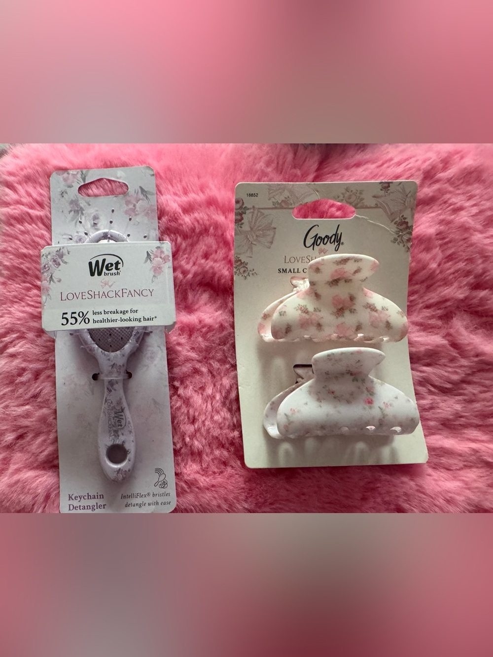 Love shack fancy wet brush goody hair clips floral flowers roses pink purple